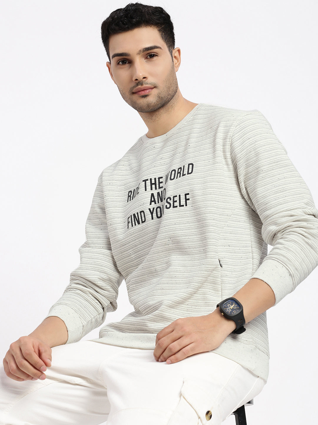 Men's Grey Striped Round Neck Pullover