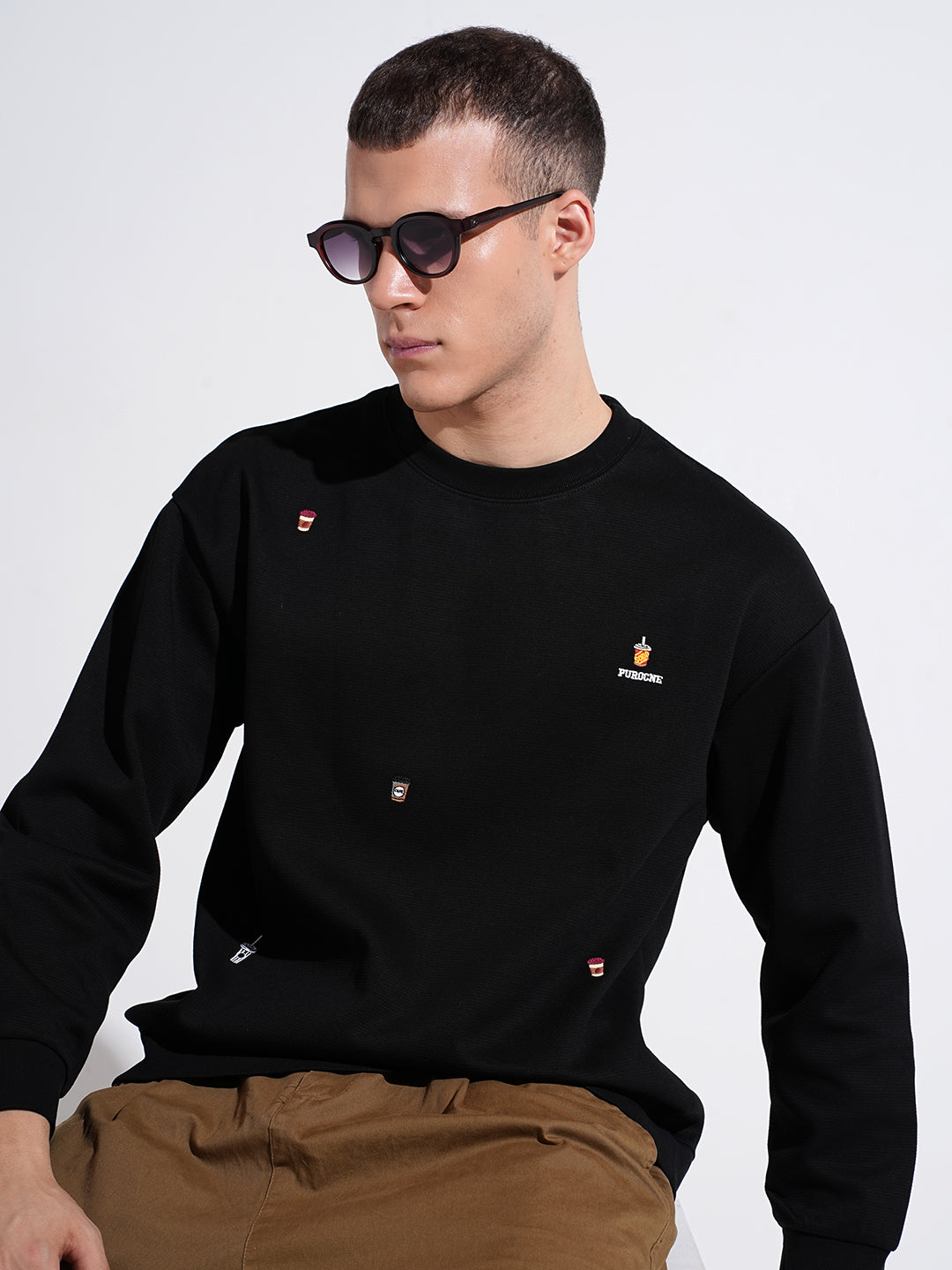 Men's Patch work Black Round Neck Ribbed Regular Fit Sweatshirt