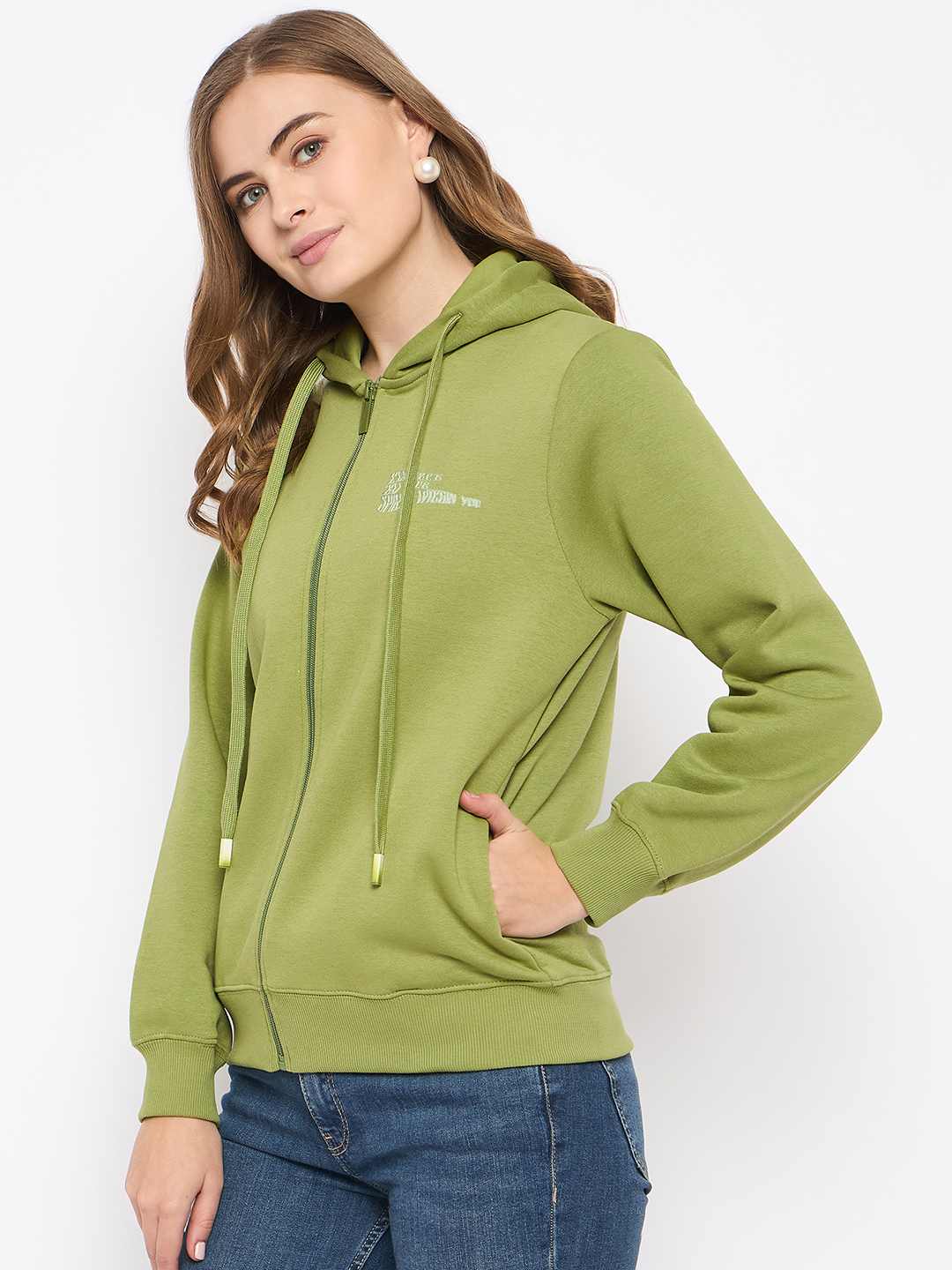 Madame Fleece Placement Printed Zipped Olive Grab Hooded Sweatshirt