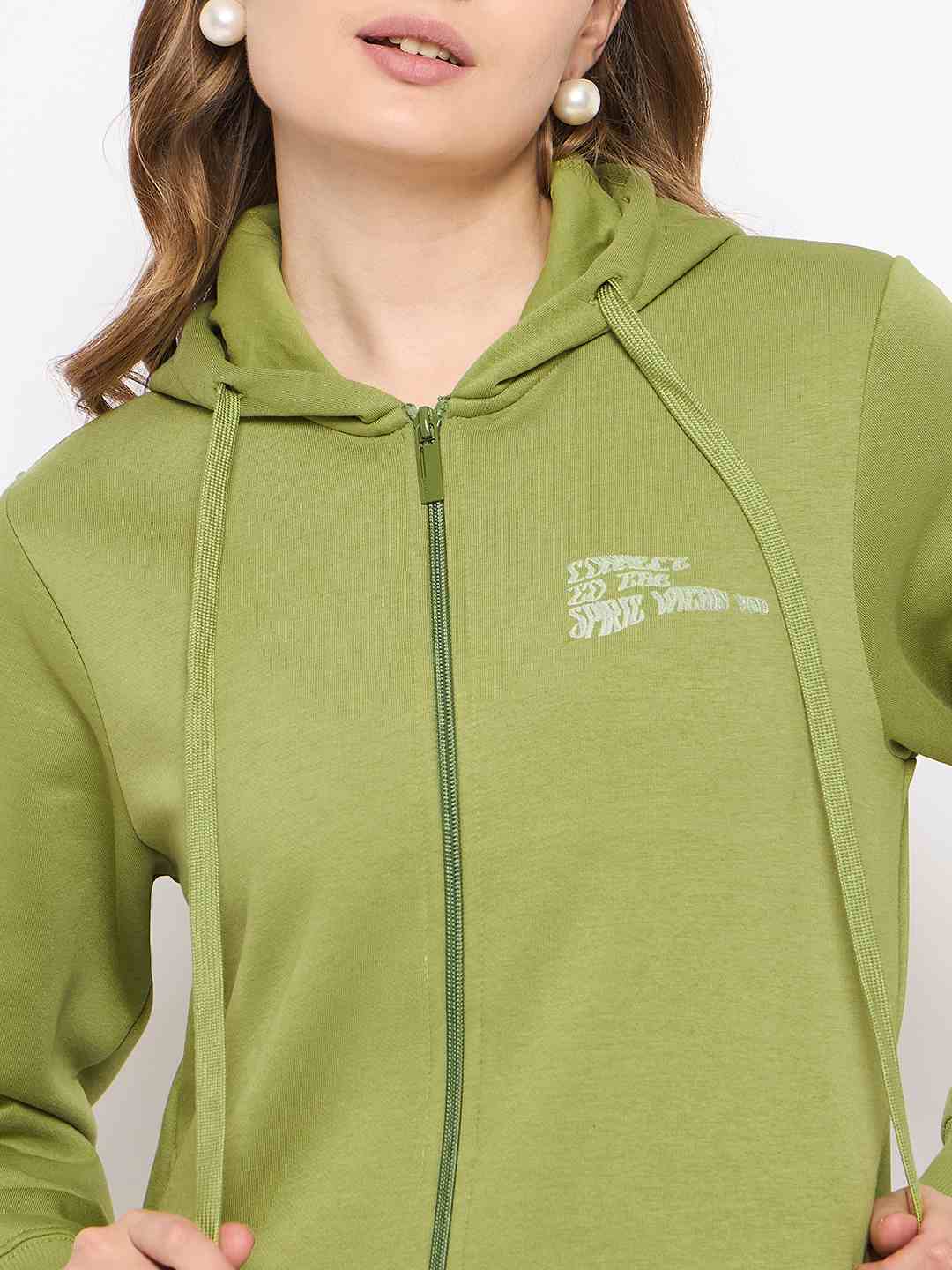 Madame Fleece Placement Printed Zipped Olive Grab Hooded Sweatshirt