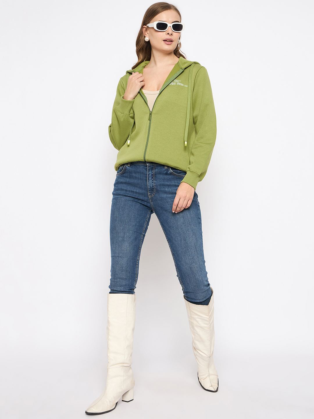 Madame Fleece Placement Printed Zipped Olive Grab Hooded Sweatshirt