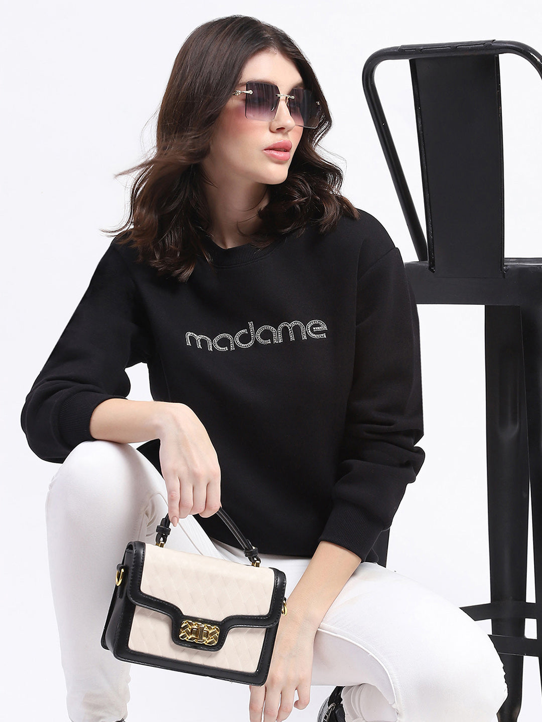 Madame Fleece Handwork And Embroidered Black Sweatshirt