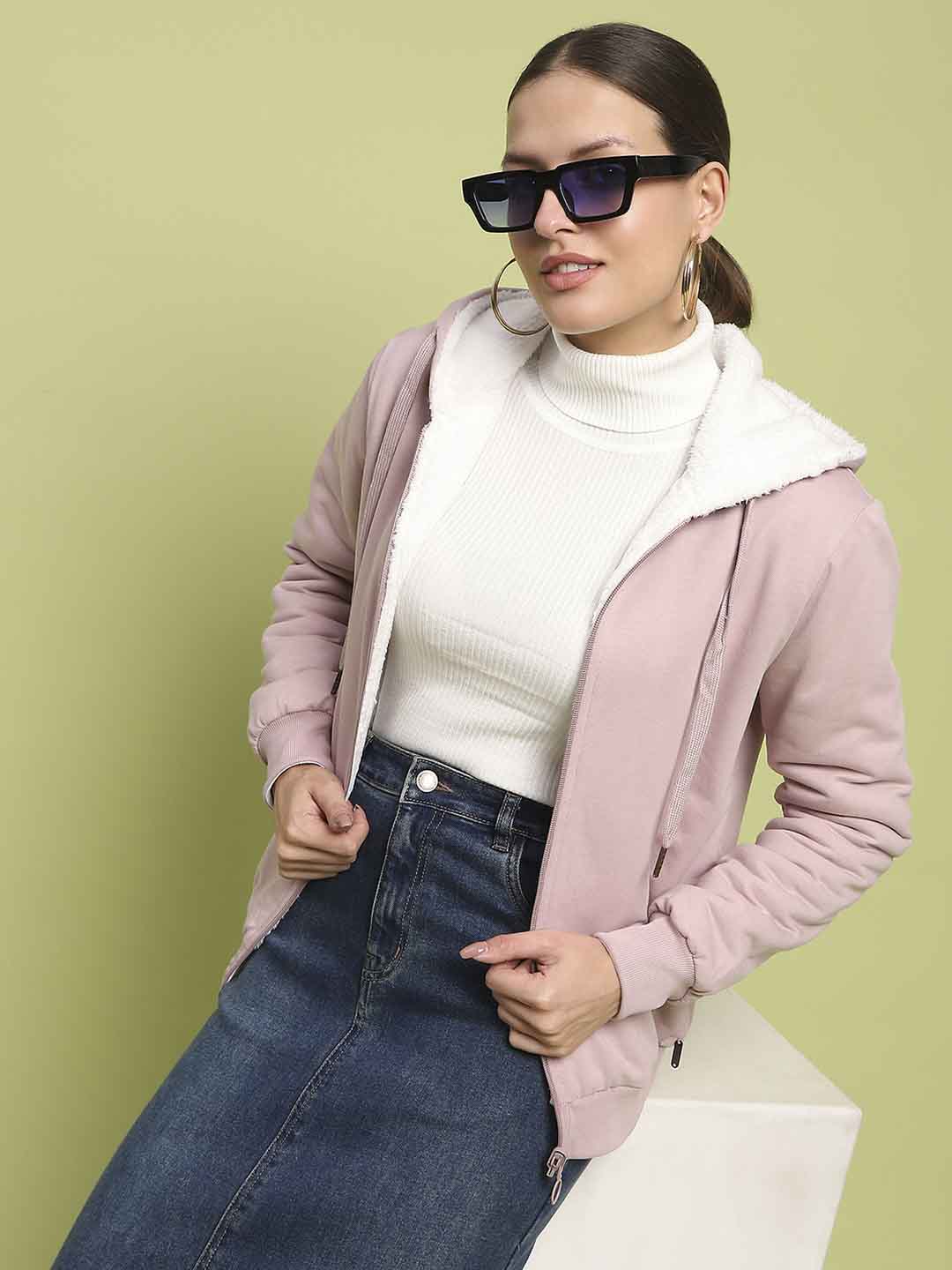 Madame Metal Detailed Zipper Lilac Hooded Sweatshirt