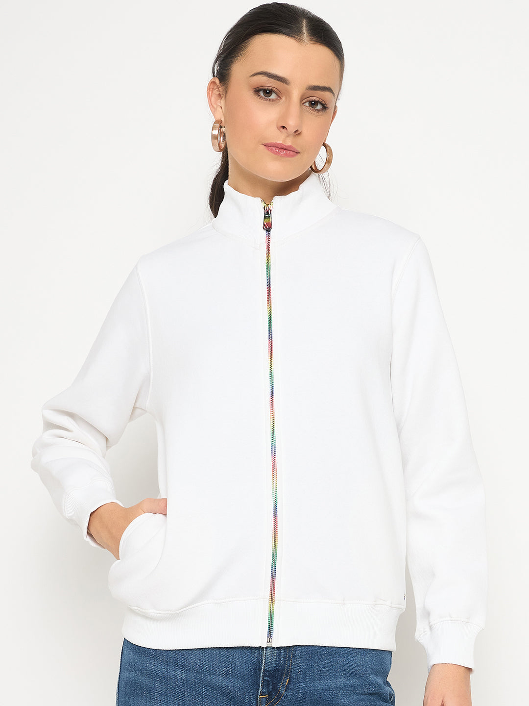 Madame Fleece T Neck Front Zip White Sweatshirt