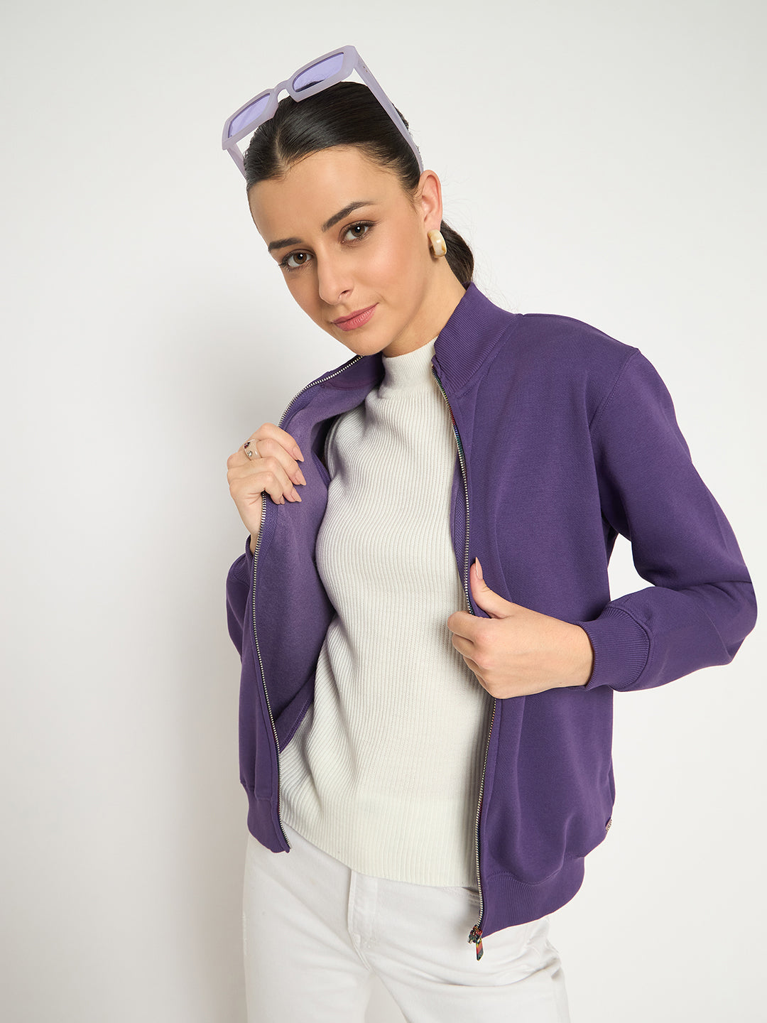 Madame Fleece T Neck Front Zip Purple Sweatshirt