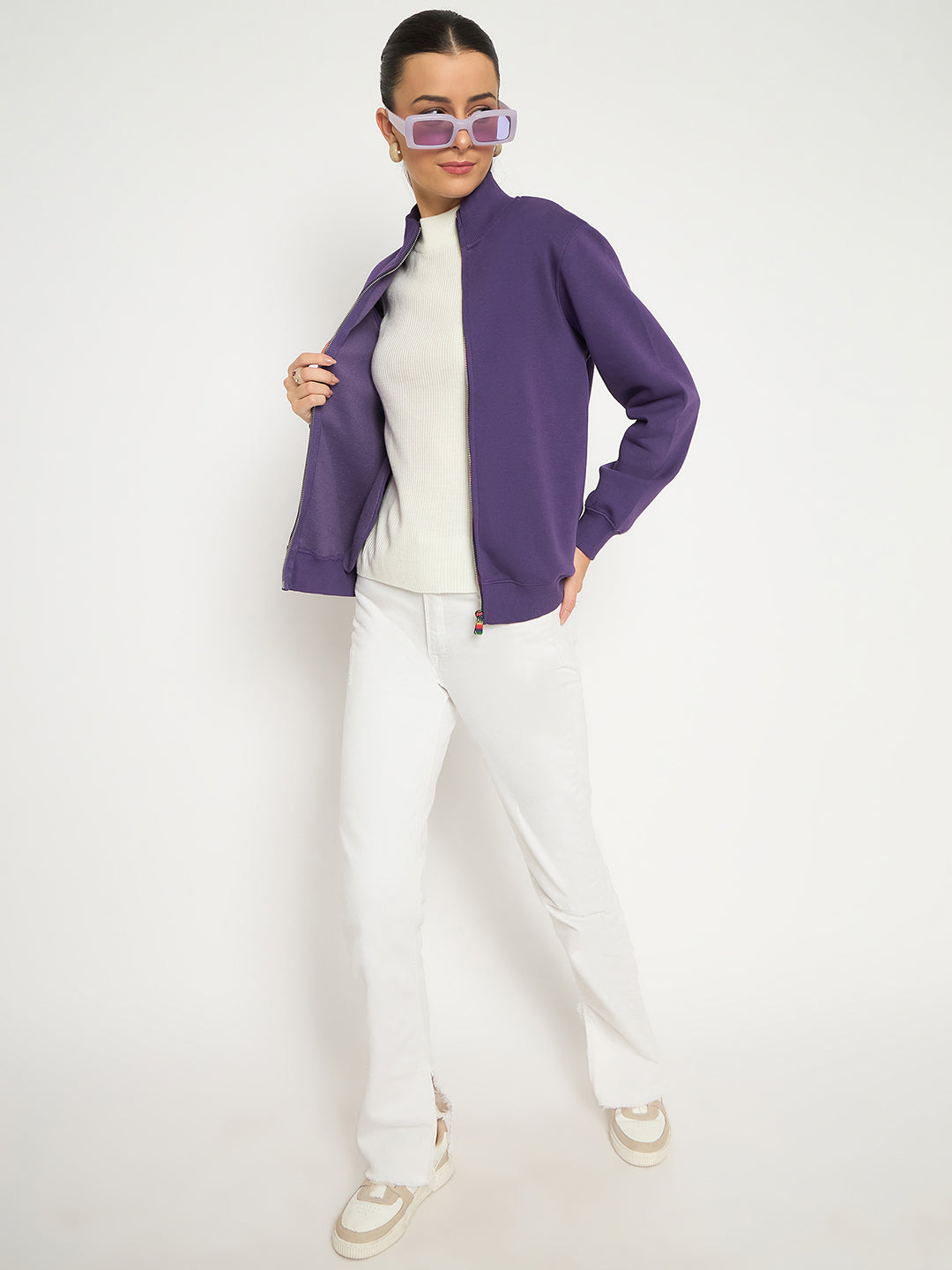 Madame Fleece T Neck Front Zip Purple Sweatshirt