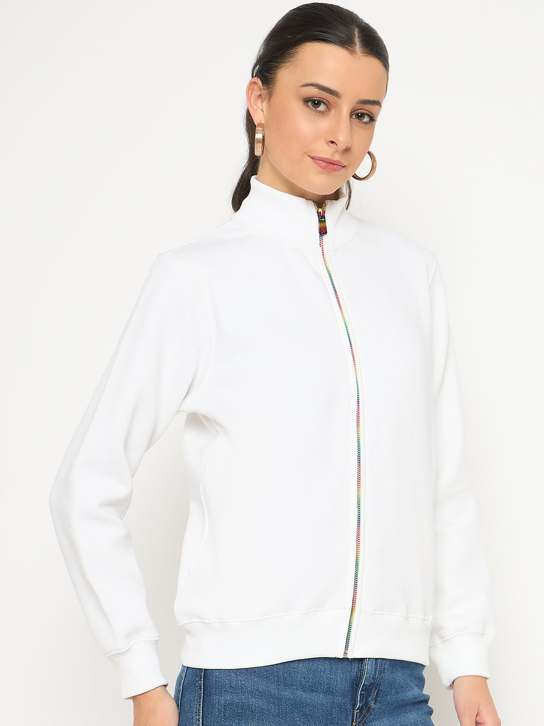 Madame Fleece T Neck Front Zip White Sweatshirt