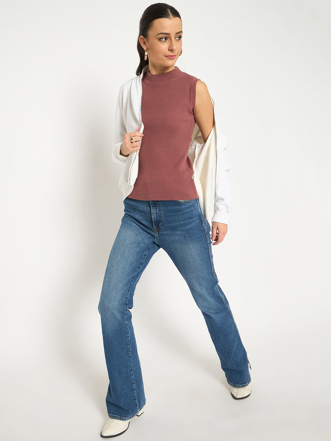 Madame Fleece T Neck Front Zip White Sweatshirt