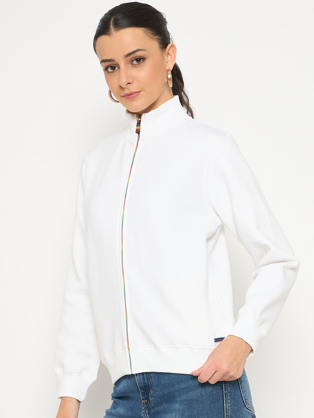 Madame Fleece T Neck Front Zip White Sweatshirt
