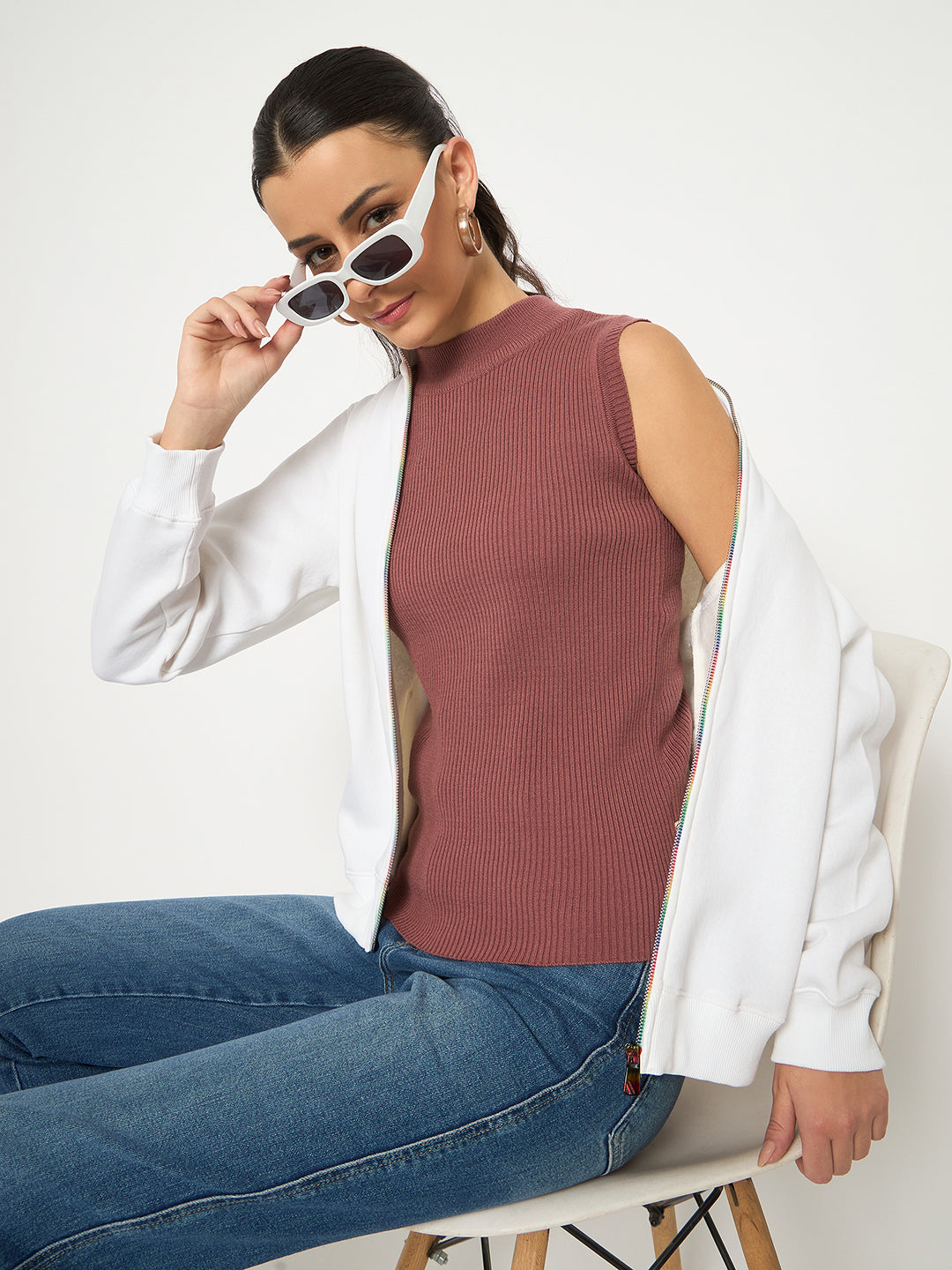 Madame Fleece T Neck Front Zip White Sweatshirt