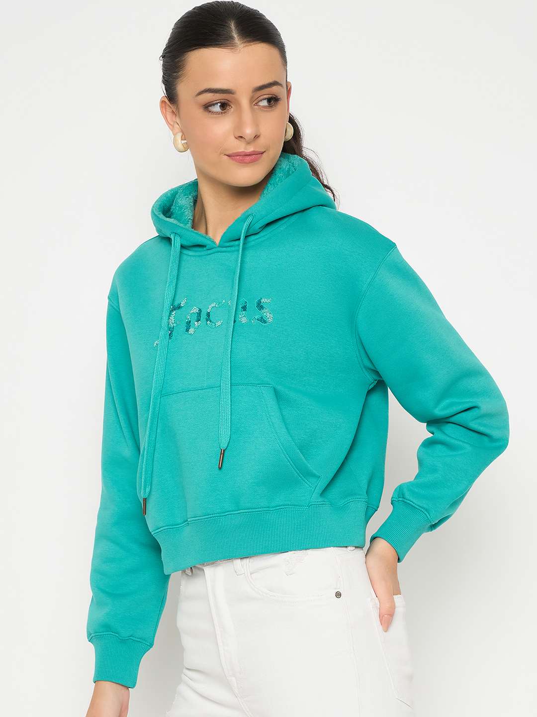 Madame Fleece Placement Printed Handwork Detailed Turquoise Sweatshirt