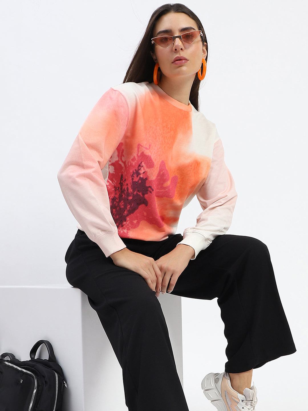 Madame Crew Neck Floral Print Beige Sweatshirt