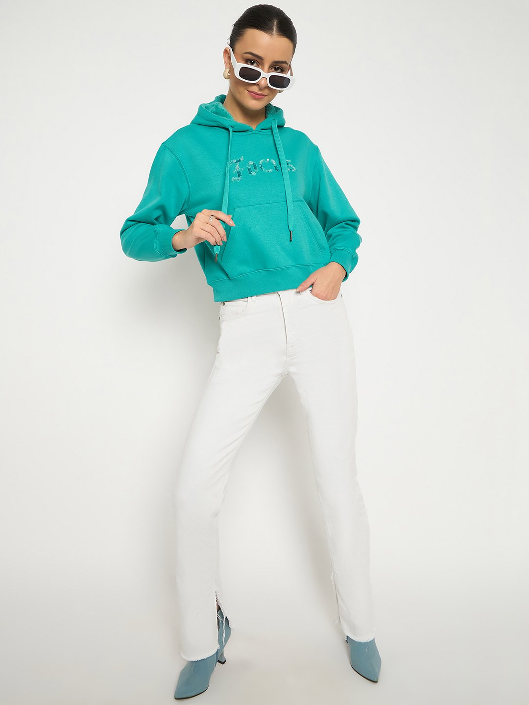 Madame Fleece Placement Printed Handwork Detailed Turquoise Sweatshirt