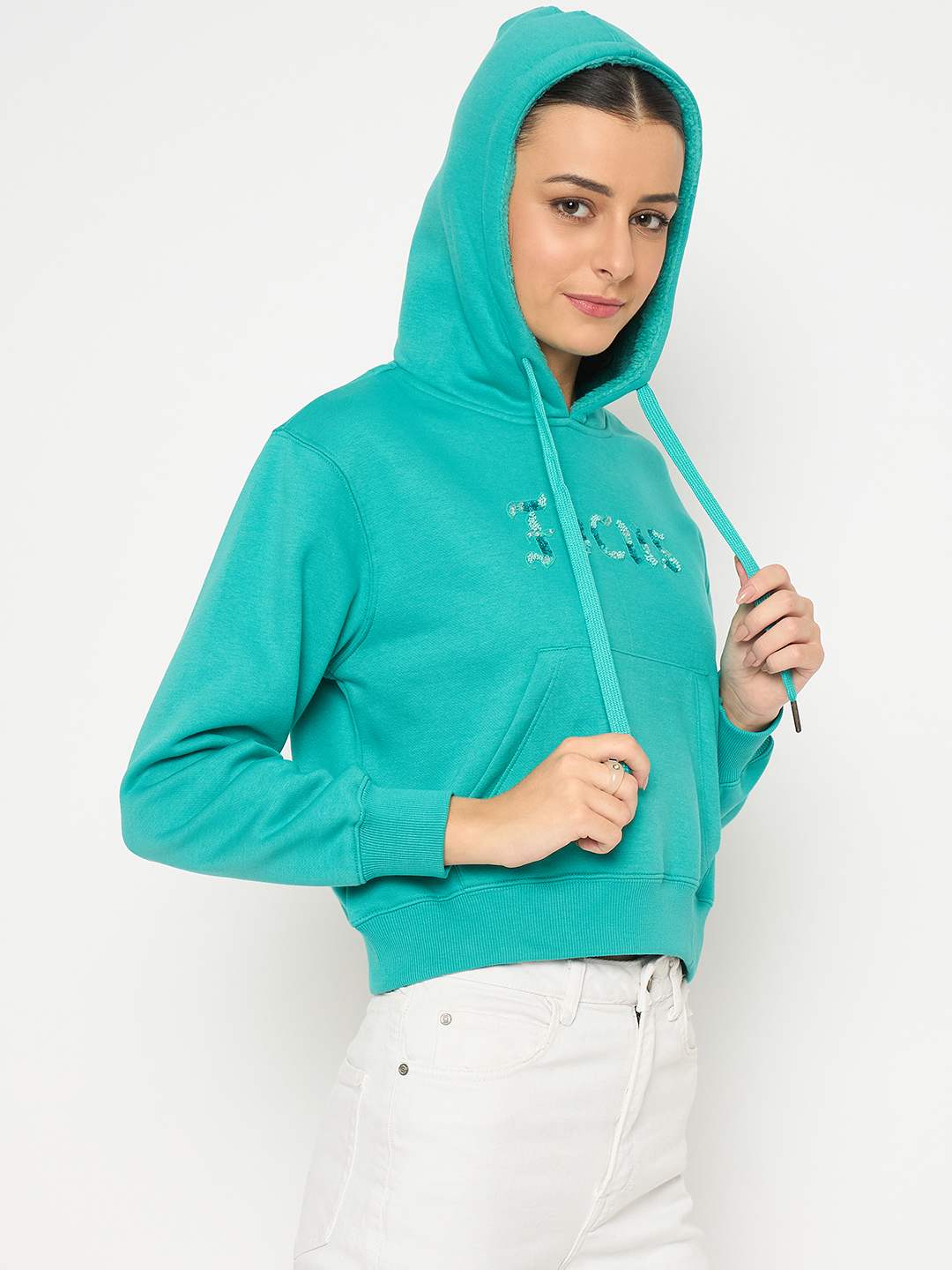 Madame Fleece Placement Printed Handwork Detailed Turquoise Sweatshirt