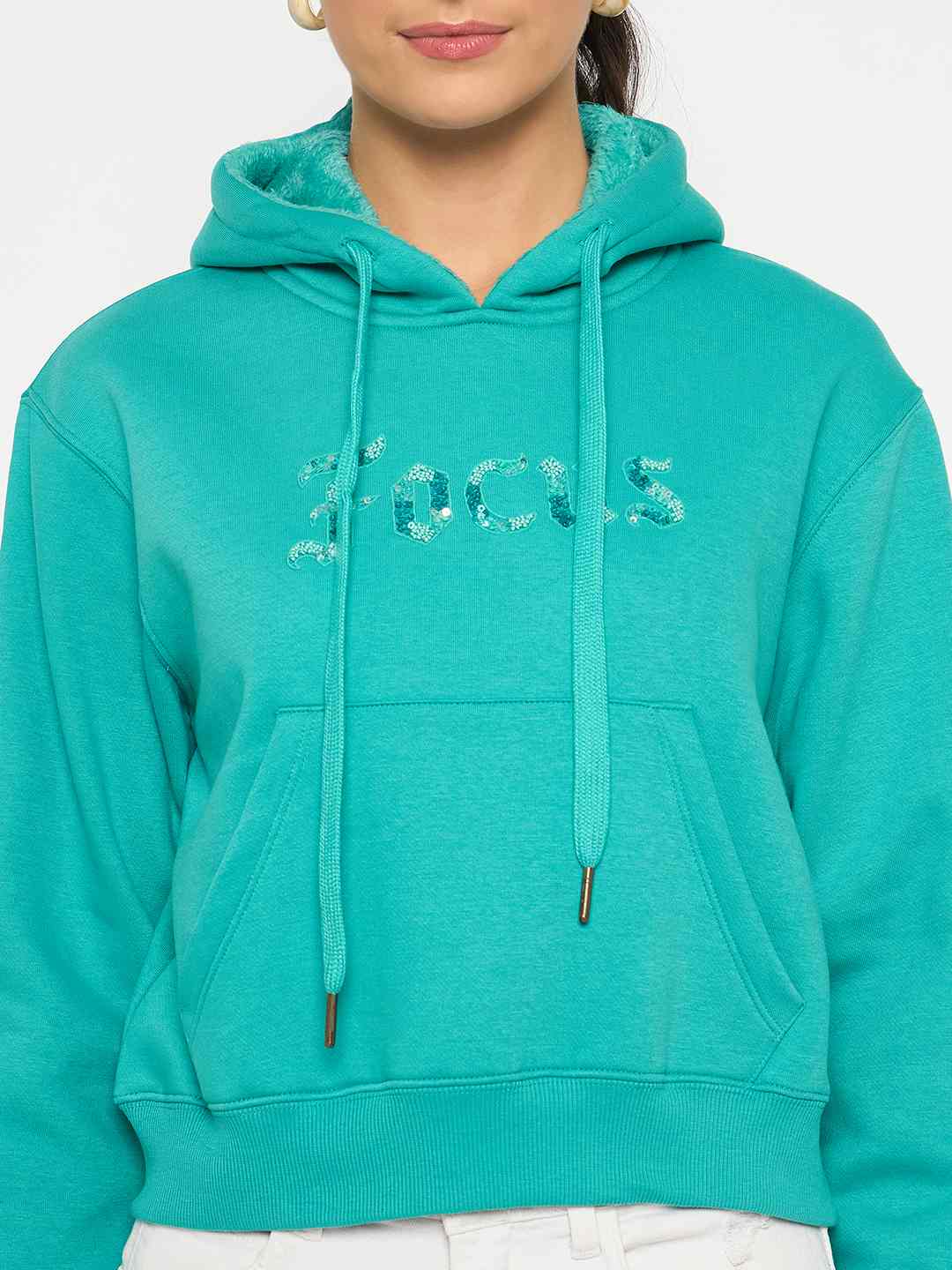 Madame Fleece Placement Printed Handwork Detailed Turquoise Sweatshirt