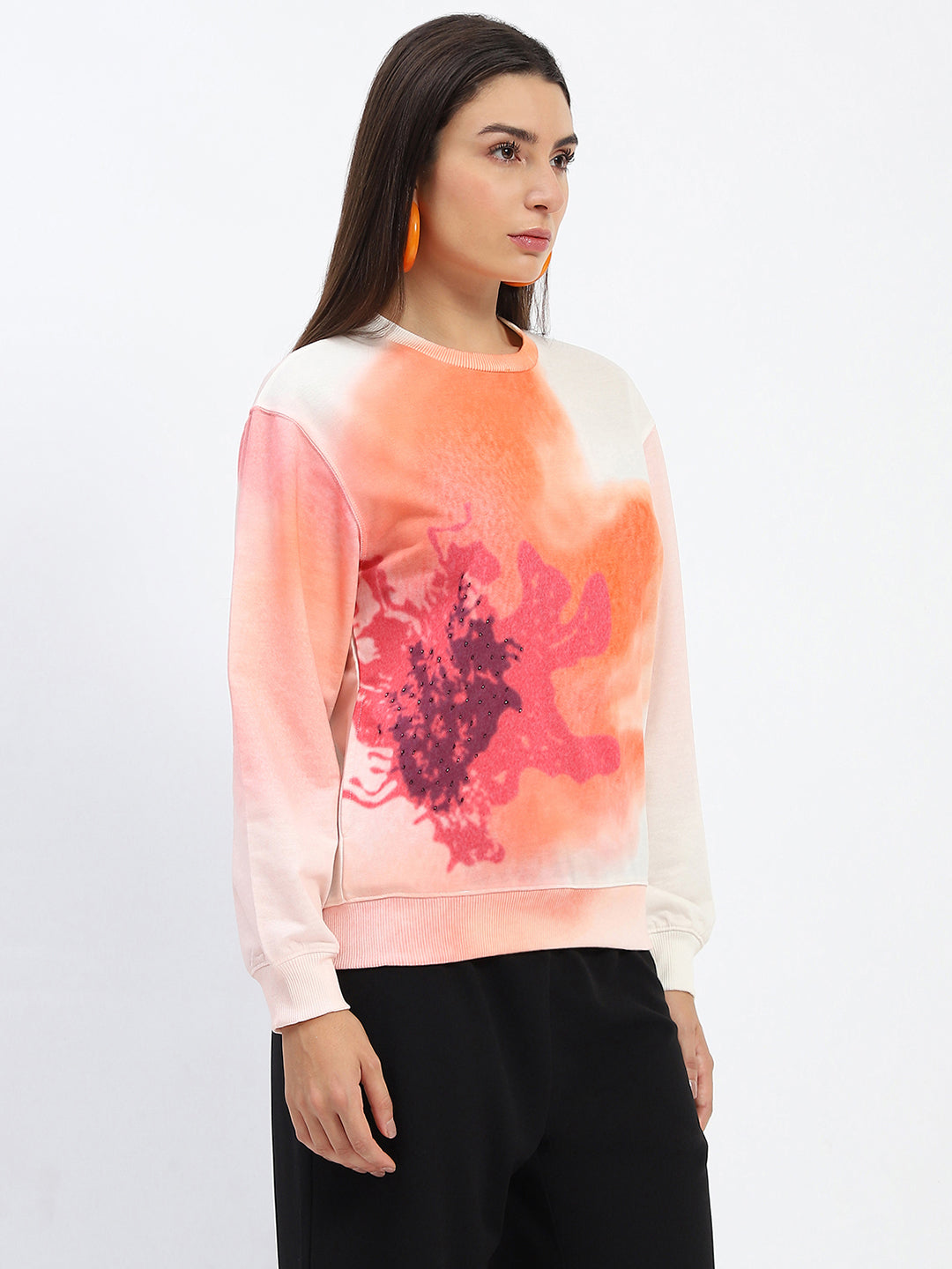 Madame Crew Neck Floral Print Beige Sweatshirt