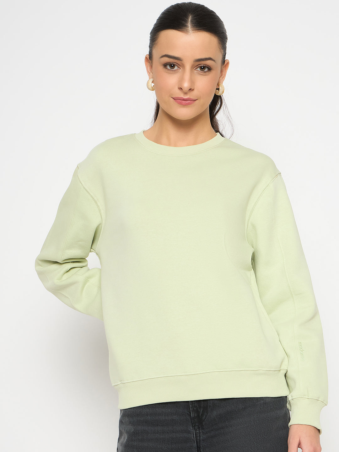 Madame Cotton Blend Solid Apple Green Sweatshirt