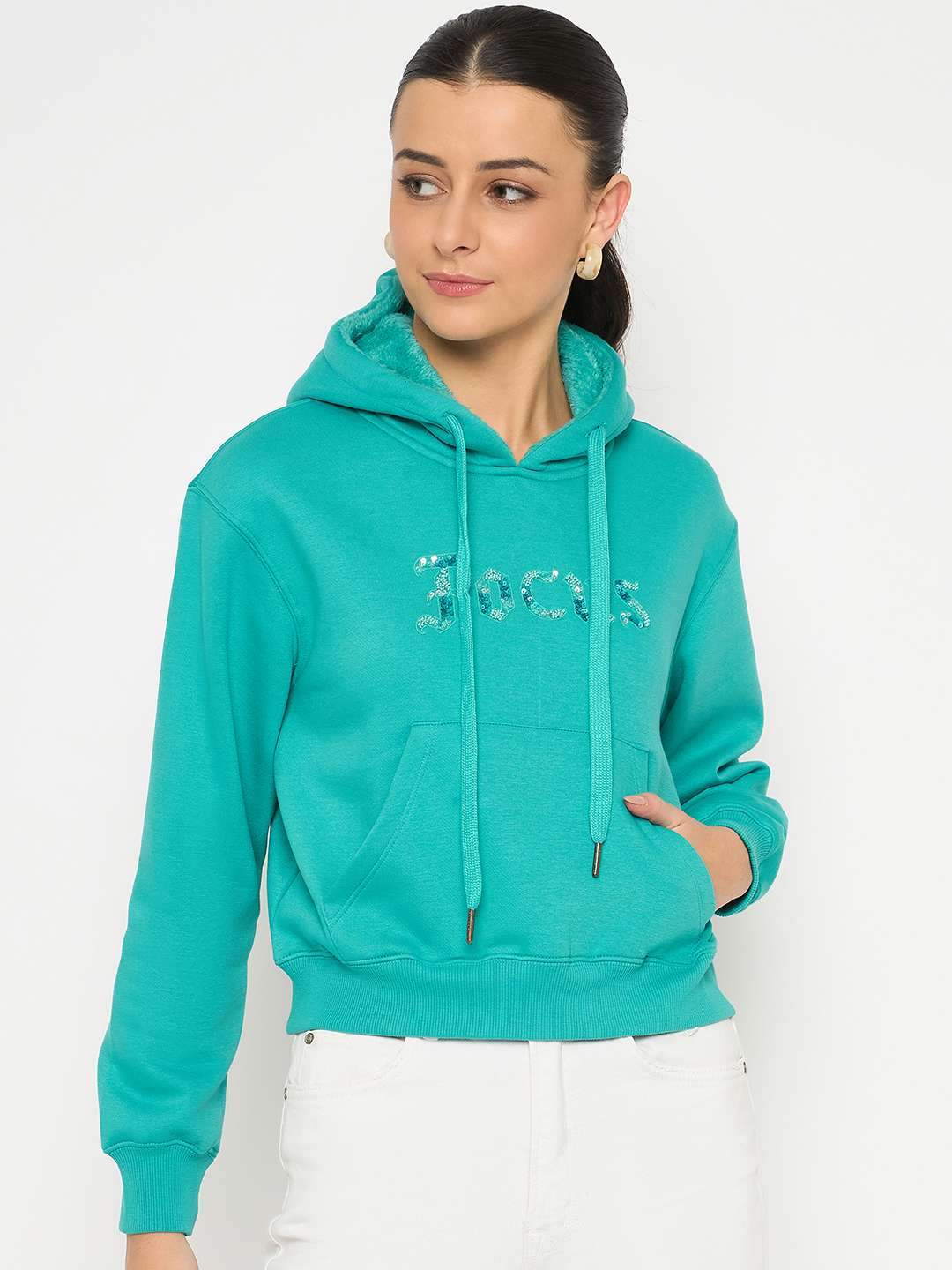 Madame Fleece Placement Printed Handwork Detailed Turquoise Sweatshirt