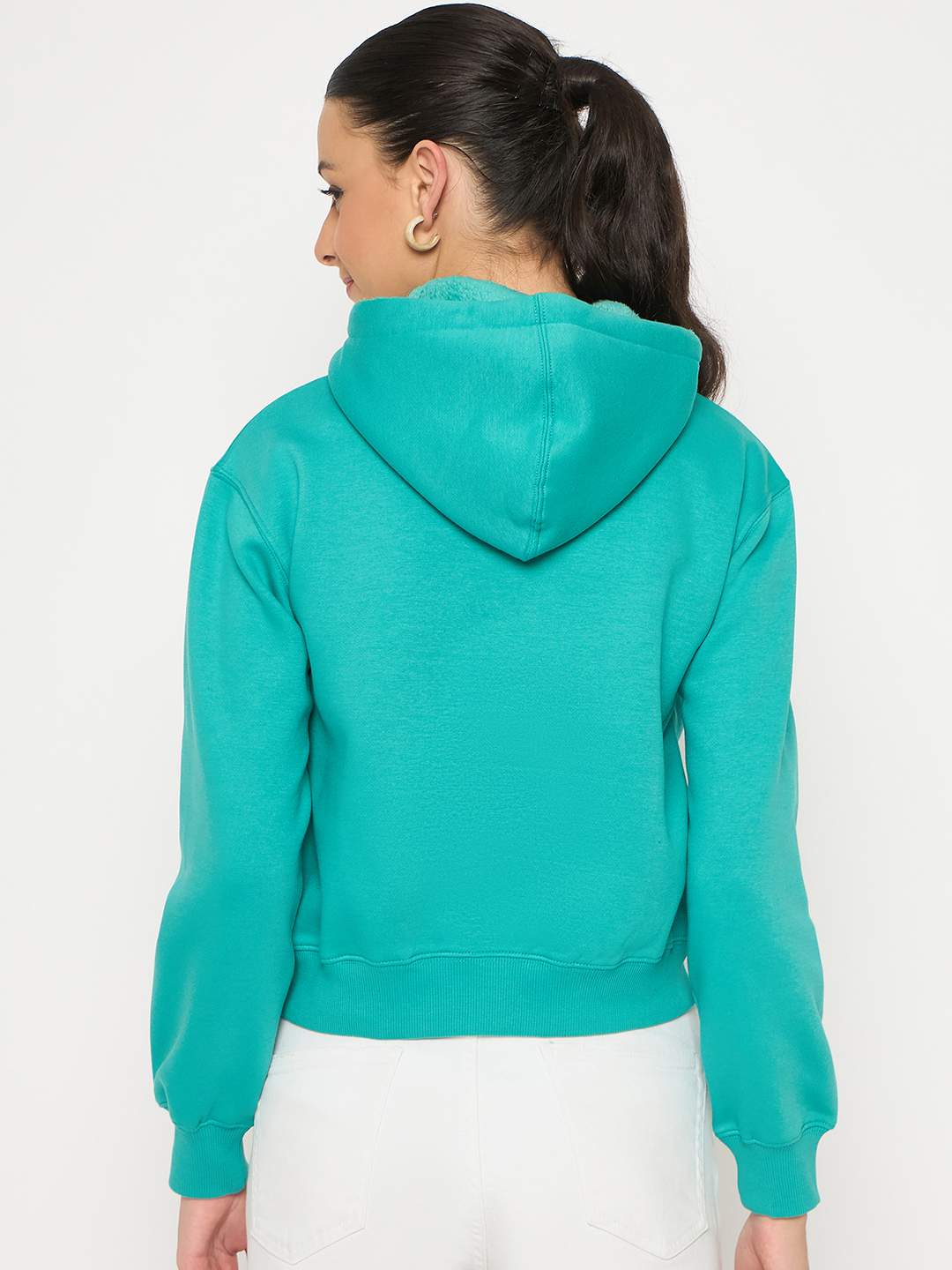 Madame Fleece Placement Printed Handwork Detailed Turquoise Sweatshirt