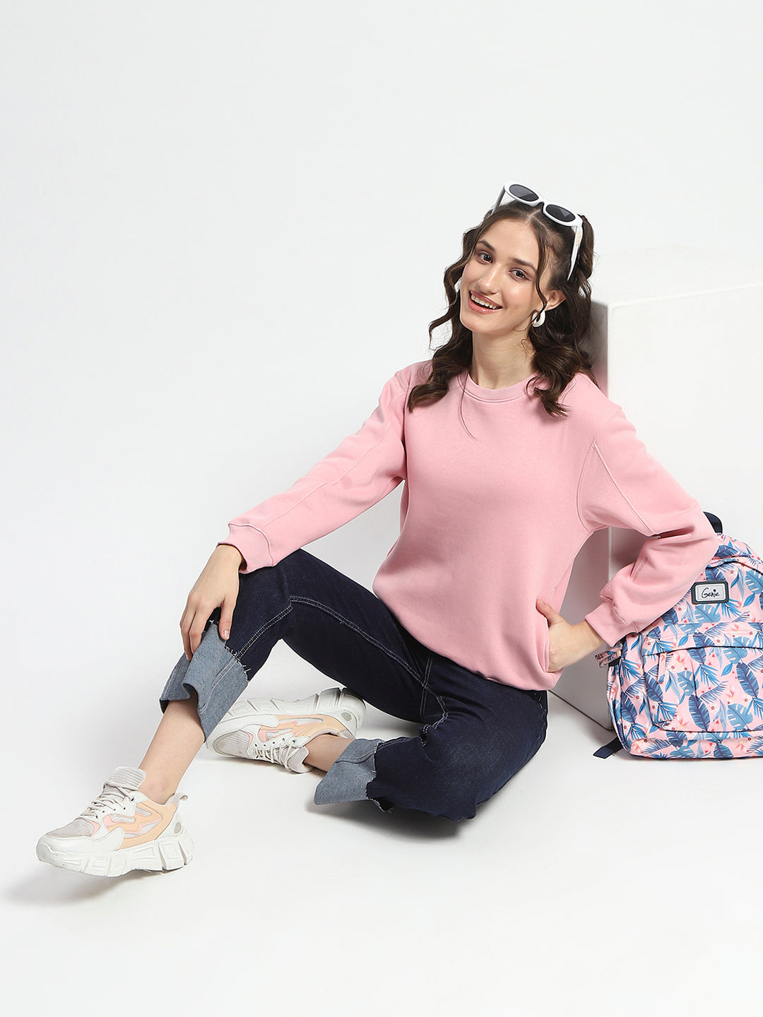 Madame Solid Light Pink Crew Neck Cotton Sweatshirt