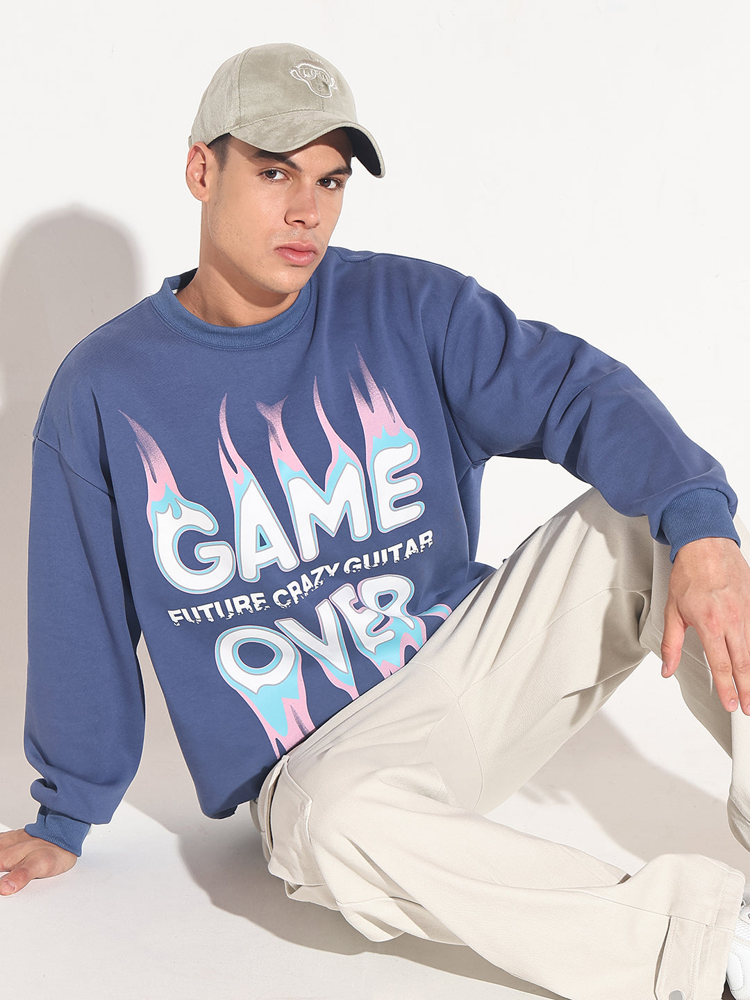 Men's Typography Blue Graphic Printed Round Neck Ribbed Sweatshirt