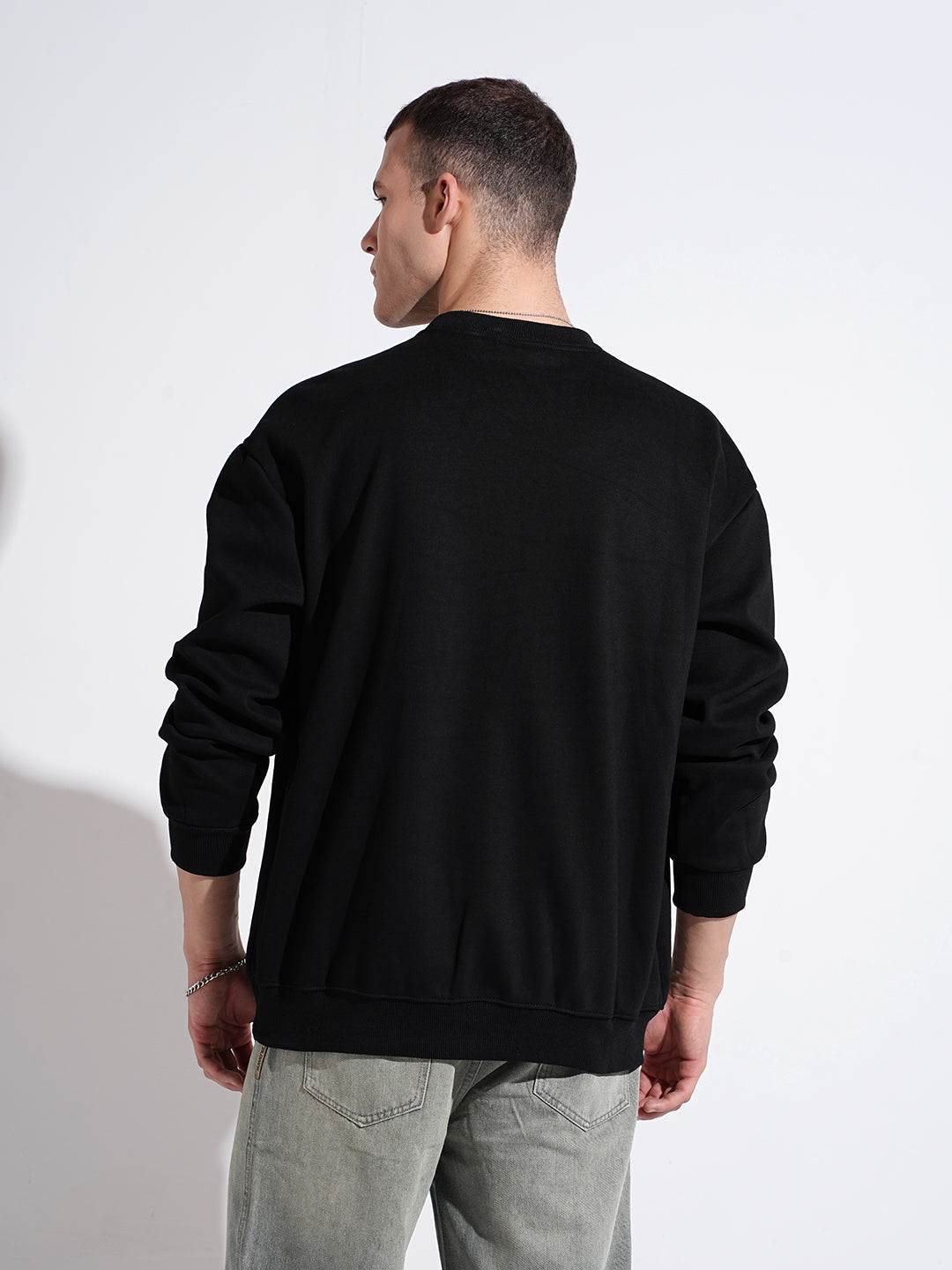 Men's Typography Black Graphic Printed Round Neck Ribbed Sweatshirt