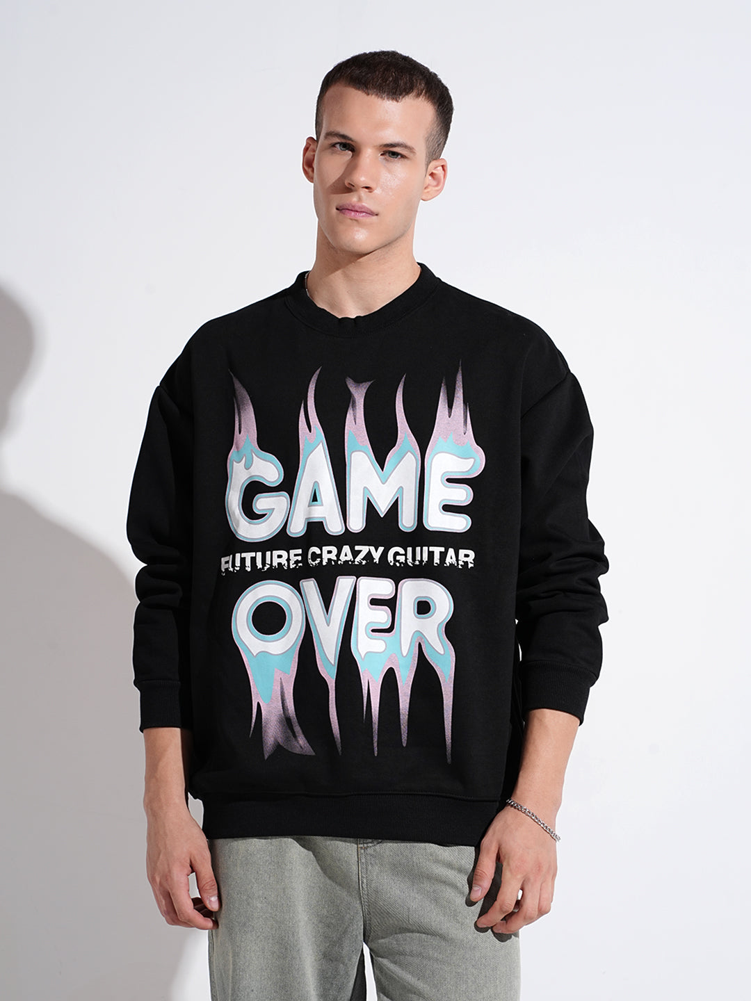 Men's Typography Black Graphic Printed Round Neck Ribbed Sweatshirt