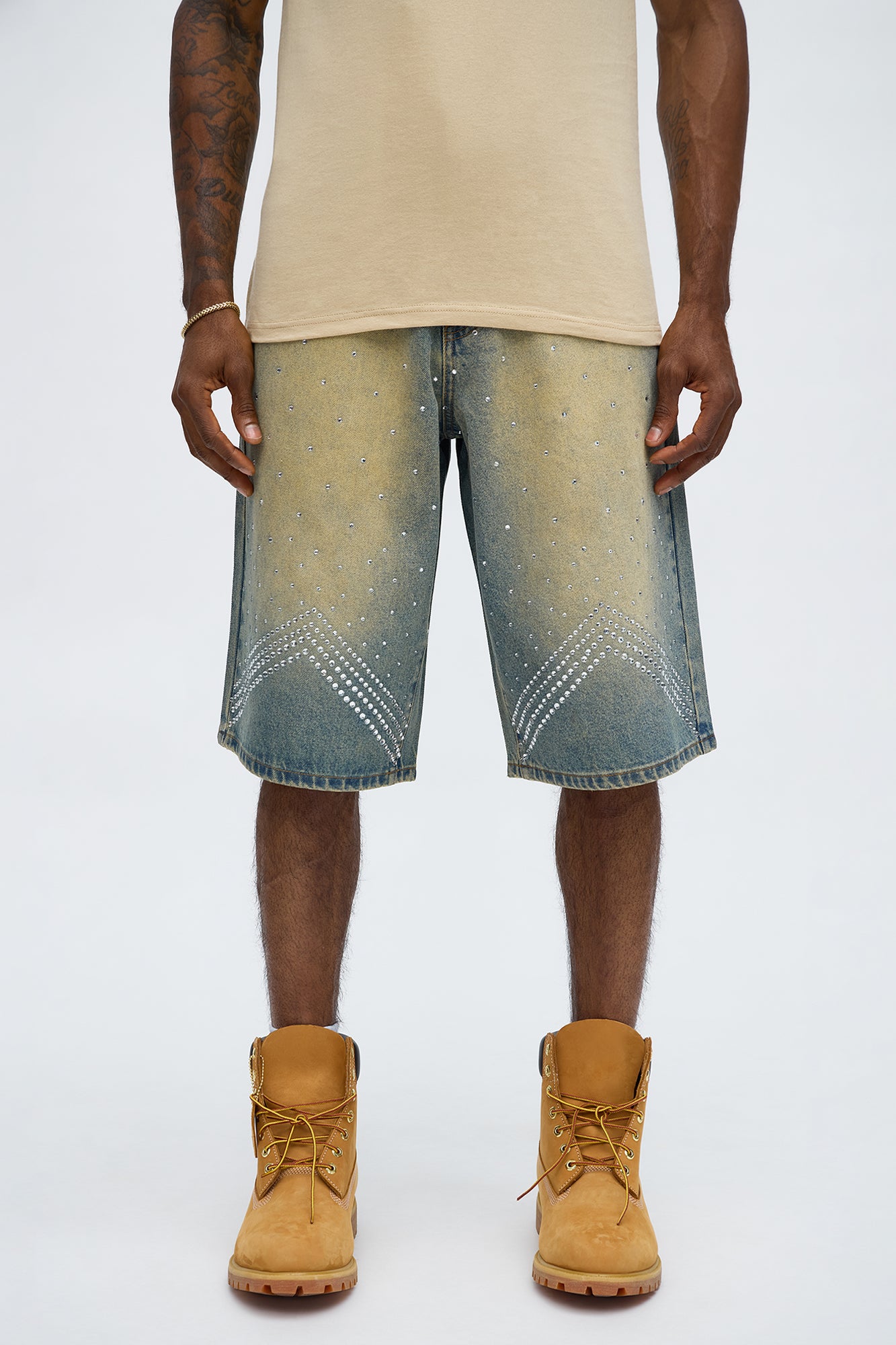 Baggy Notch Jeweled Denim Short - Vintage Blue Wash