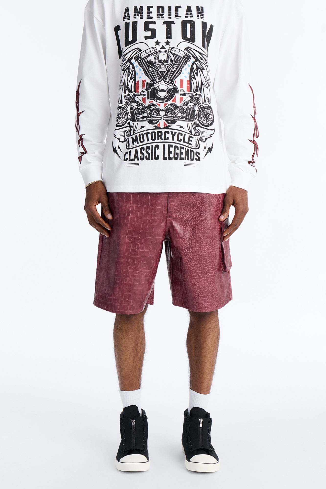 Relaxed Freedom Lane Faux Leather Croc Short - Burgundy