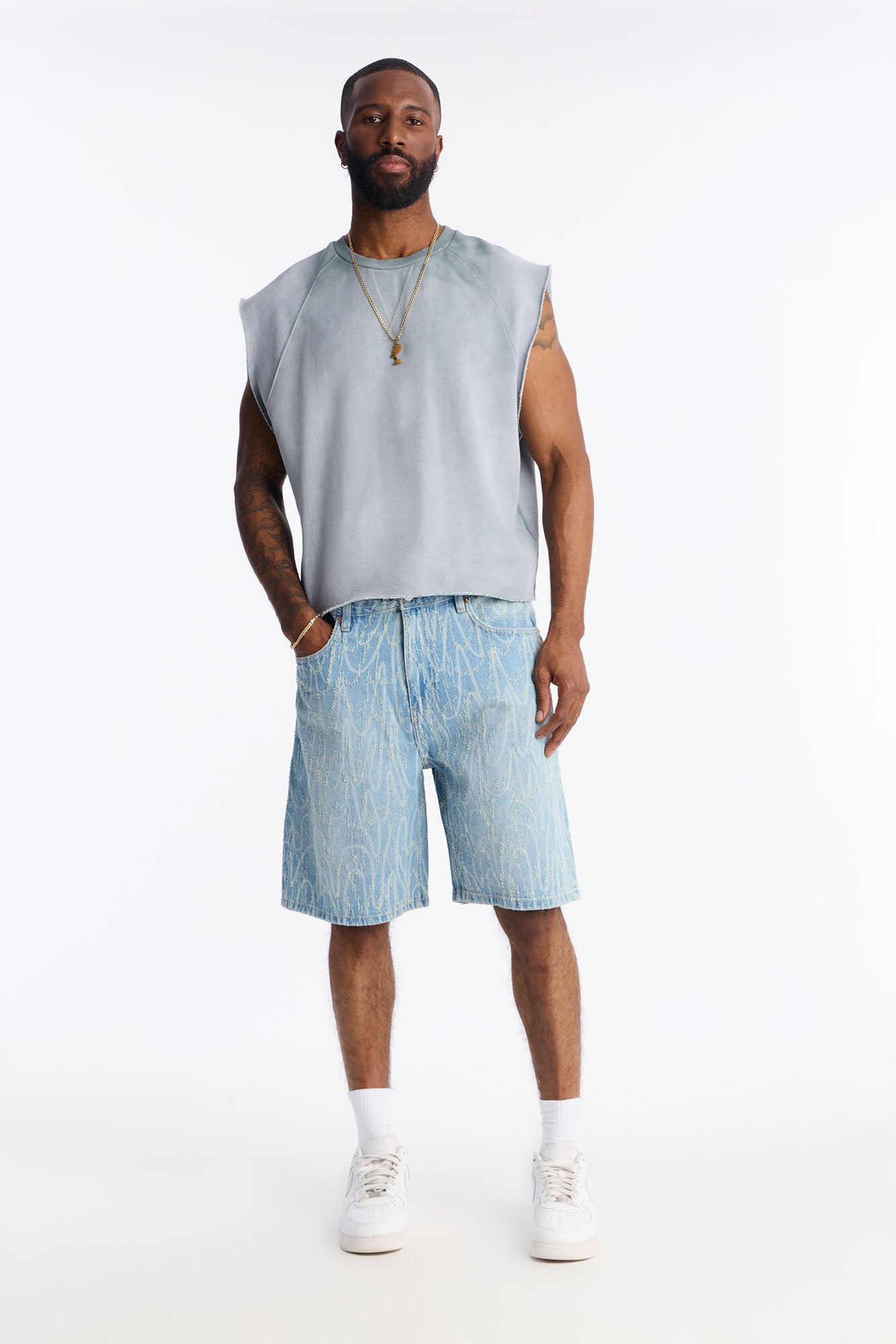 Relaxed Swervin Distressed Denim Short - Light Blue Wash