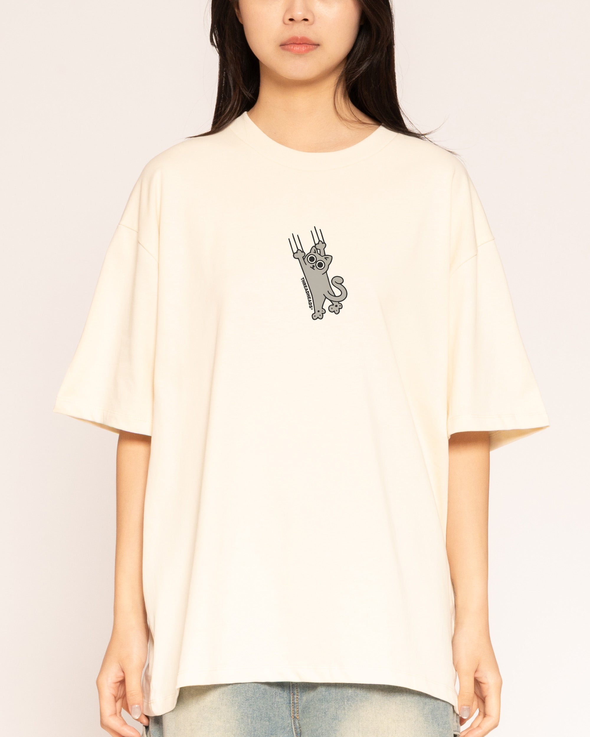 Falling Cat Oversized Graphic Tee - Unisex 90s Boxy Fit 100% Combed Cotton